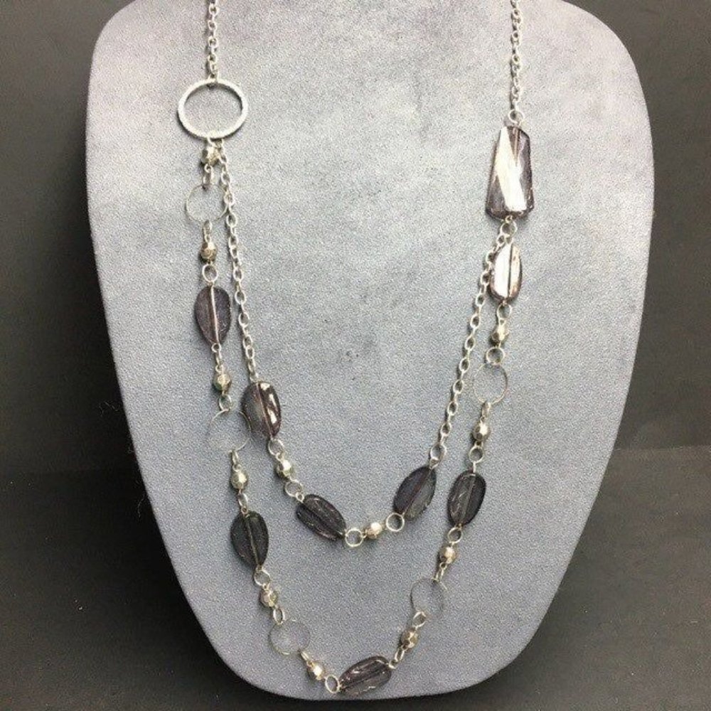 Long Double Necklace Silver Faceted Smoky Purple Circle Rings Retro BoHo